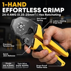 Self-Adjusting Ratcheting Wire Crimper Tool Kit, Hex Ferrule AWG 24-4 (0.25-25mm