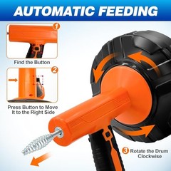 Auto Feed Drain Auger with Drill Adapter, 33 Feet Drain Snake Hair Clog Remover,