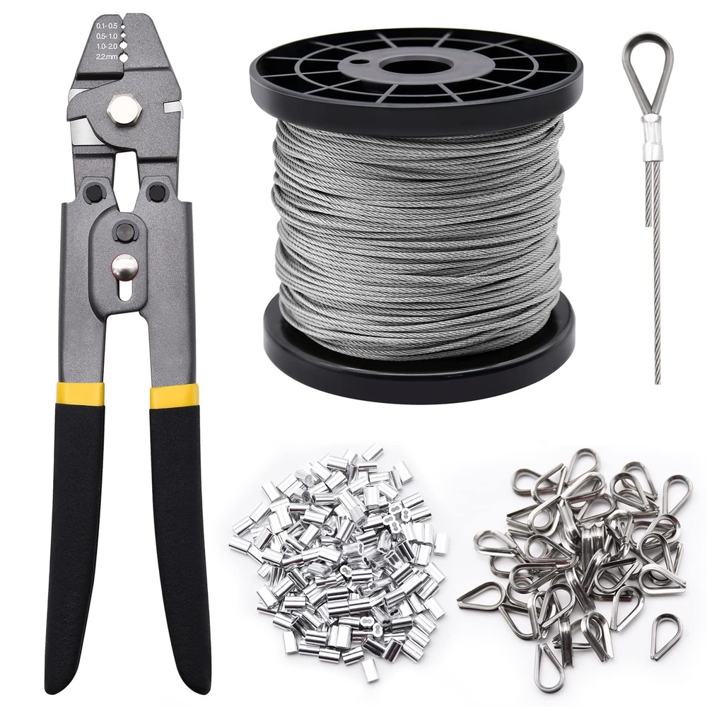 328ft Wire Rope Crimping Tool Kit, 1/16&Prime; Stainless Steel 328ft, Grey,black