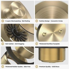 Champagne Brushed Gold Bronze Bathtub Drain, Hair Catcher and 2-Hole Overflow Fa