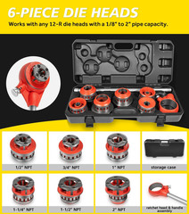 12-R Ratchet Pipe Threader Kit with 6 Dies, 1/2&rdquo; to 2&rdquo; NPT Case Included