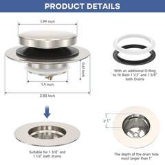 Brushed Nickel Universal Tip Toe Tub Stopper, Pop Up Bathtub