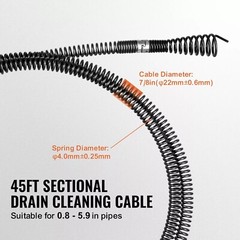 Sectional Drain Cleaning Sewer Cable 45FTx7/8In & 5 Cutters for 0.8&Prime;-5.9&Prime; Pipes