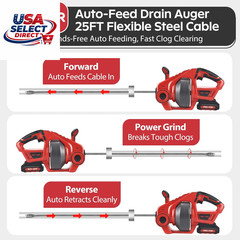 20V Cordless Electric Drain Auger, 25FT Auto-Feed Snake, LED Light