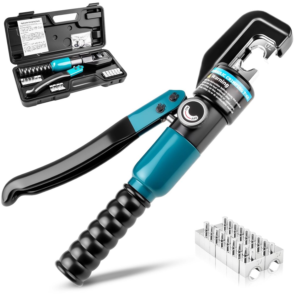 6-Ton Hydraulic Crimping Tool with 9 Pairs of Dies, 12 AWG to 2/0 Cyan, Black