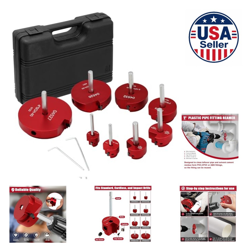 8 Piece PVC Pipe Reamer Set for 1/2 Inch Drill Plastic Fitting Cleaner Tool Kit