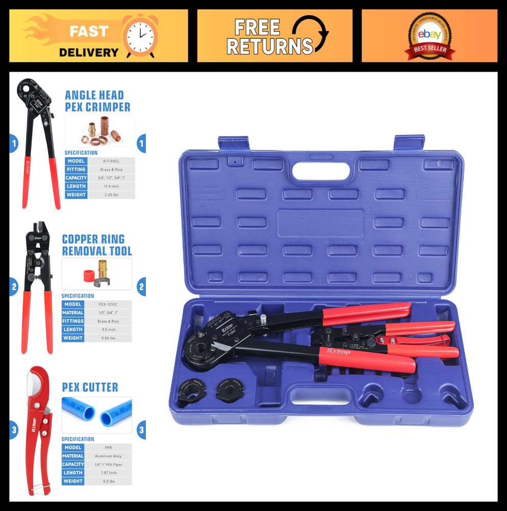 PEX Crimping Tool Kit with Cutter &ndash; 1/2&Prime;, 3/4&Prime;, 1&Prime; Copper Crimp Ring, Easy Use