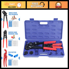 PEX Crimping Tool Kit with Cutter &ndash; 1/2&Prime;, 3/4&Prime;, 1&Prime; Copper Crimp Ring, Easy Use