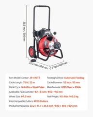 VEVOR Drain Cleaner Machine Electric Drain Auger 75 FT x 1/2 In Auto Feed