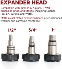 PEX-A Expander Tool Kit with 3 Self-Rotary Matte Nickel Plated Expansion Heads (