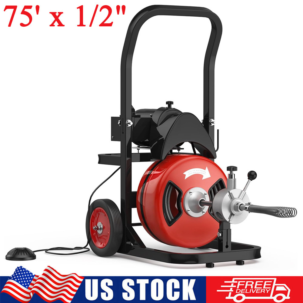 75 FT x 1/2 In Drain Cleaner Machine Electric Drain Auger Auto Feed Sewer Snake