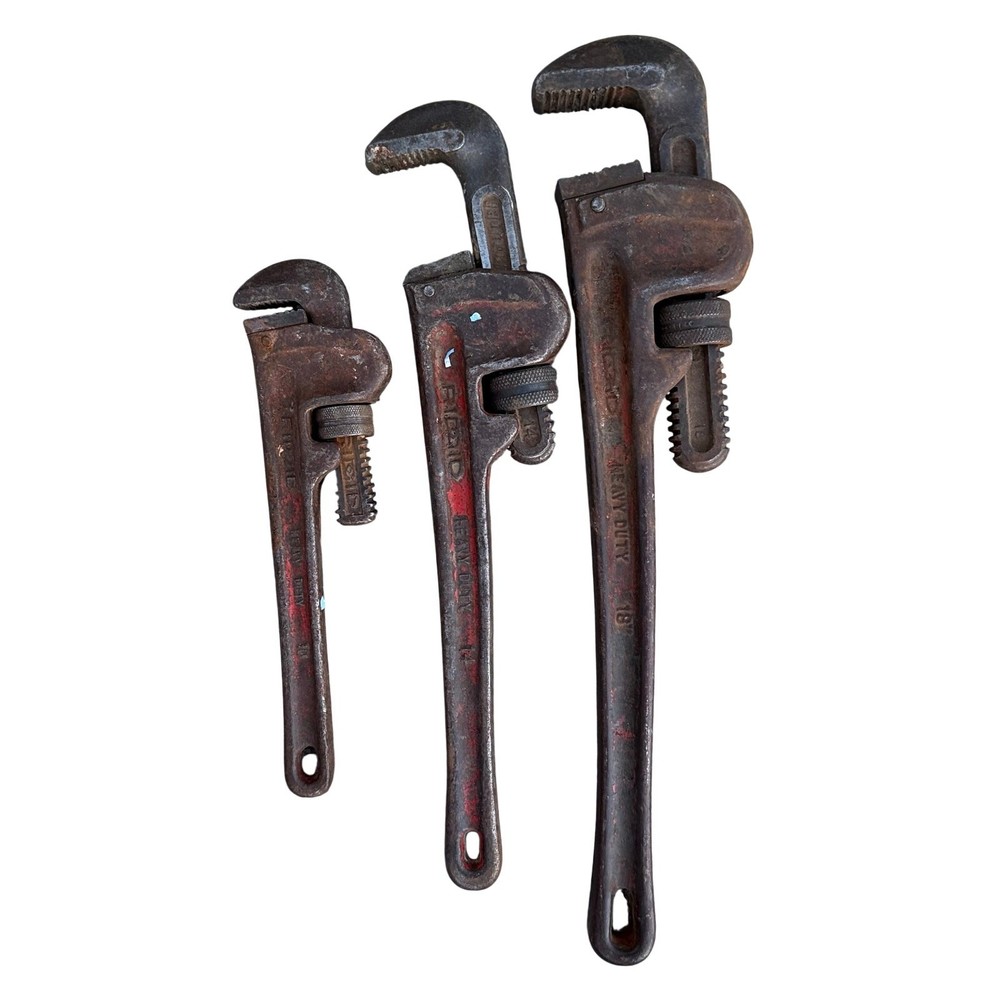 Ridgid Lot (3) Vintage Drop Forged Pipe Wrenches USA Ridge Tool Co 10&rdquo;, 14&rdquo;, 18&rdquo;