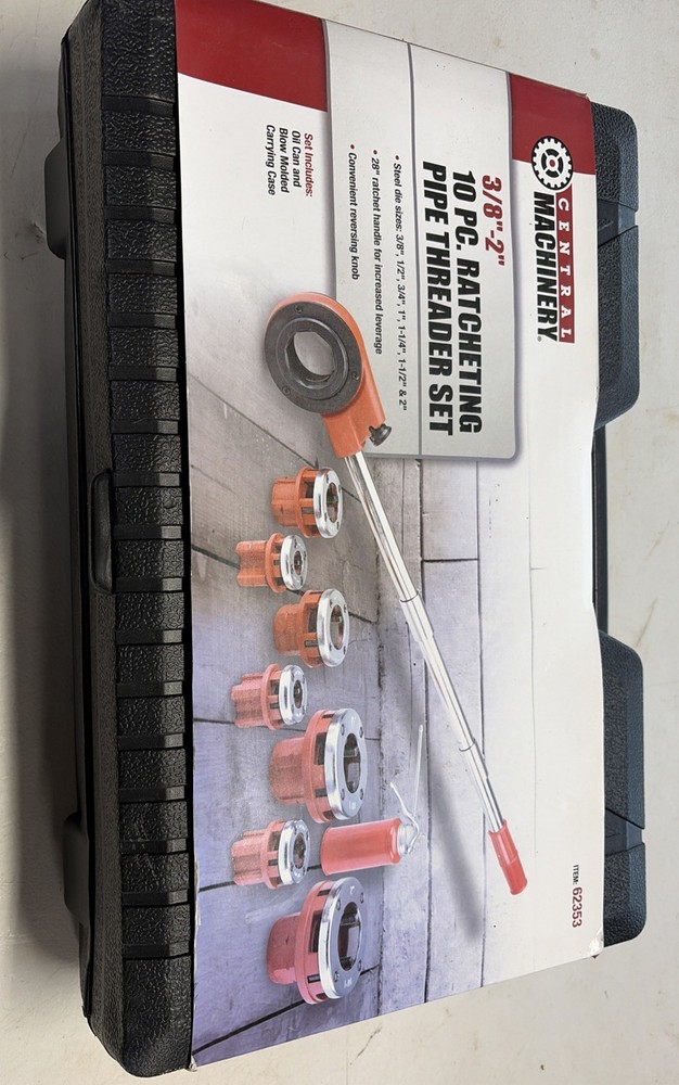 Central Machinery Ratcheting Pipe Threader Kit 3/8&Prime;-2&Prime; 10 Pc-New In Box