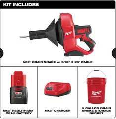 Milwaukee M12 12-V Lithium-Ion Cordless Drain Snake Auger W/ (1) 1.5Ah Battery,