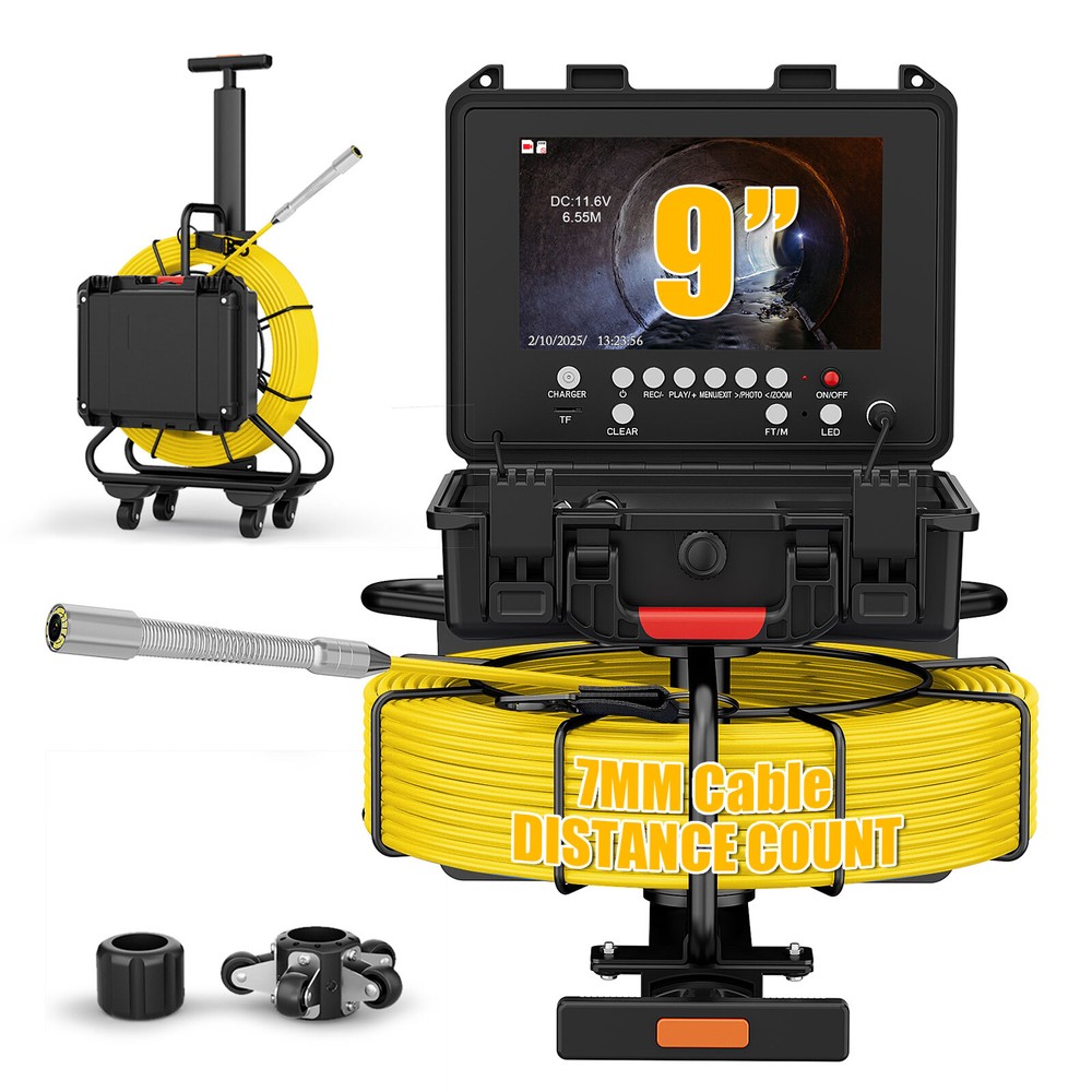 40m Sewer Pipe Inspection Camera with Pull Rod w/ 512hz Self Leveling 9&Prime; Monitor