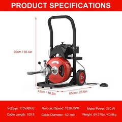 Red Finished Auto Feed Drain Cleaning Machine Built With 50FT 1/2 Inch Cable, Po