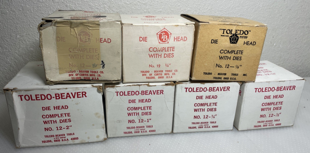 Toledo No 12 Die Head Set With Dies 2&Prime;, 1&Prime;, 3/4, 1/2&Prime;, 3/8&Prime;, 1/4&Prime;, 1/8&Prime; **AS IS*