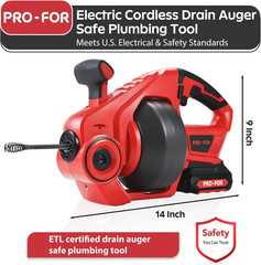 20V Cordless Drain Auger with 25ft Cable, Battery & LED Light for Clogs