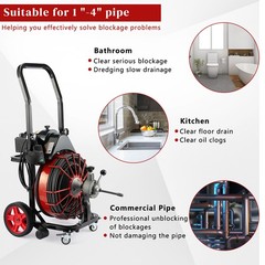 100ft Sewer Snake Machine with GFCI, 1800RPM, 4 Cutters &ndash; for 1&Prime;-4&Prime; Pipes Red