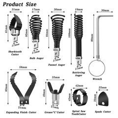 9-Piece Drain Auger Drill Attachment for 5/16&rdquo;-3/4&Prime; Cable, Heavy-Duty Black