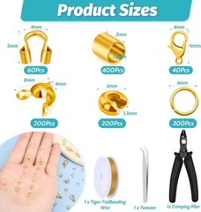 1200 Pcs Gold Crimp Beads Kit, Jewelry Making Supplies Include Crimp Covers, Cri