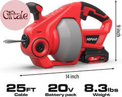 20V Cordless Electric Drain Auger-Efficient 25Ft Auto-Feed Drain Snake with Repl