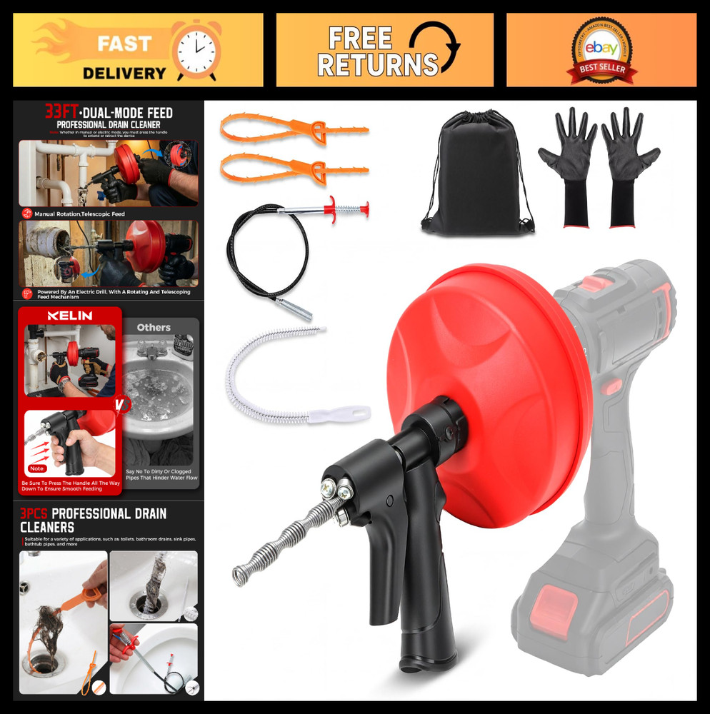 6-in-1 Drain Auger Kit, 33FT Plumbing Snake with Drill Adapter, Hair Remover & T