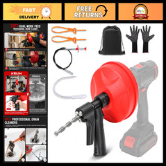 6-in-1 Drain Auger Kit, 33FT Plumbing Snake with Drill Adapter, Hair Remover & T