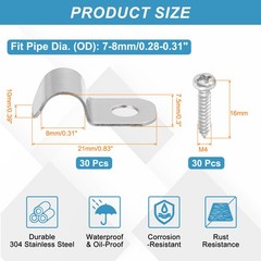 30Pcs 7-8mm(1/4-5/16&Prime;) One Hole Rigid Pipe Strap with Screws, Silver