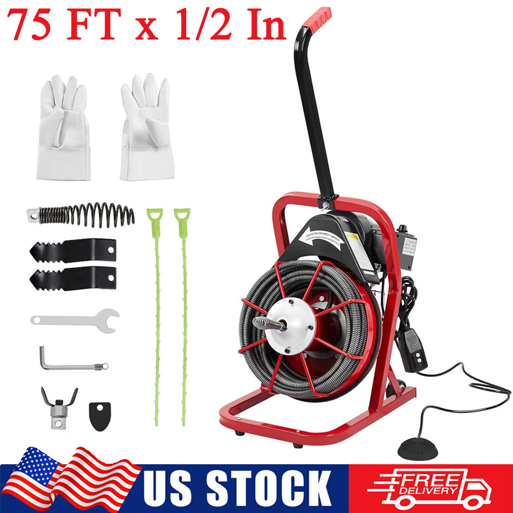 75 Ft x 1/2 Inch Drain Cleaner Machine For 1&Prime; to 4&Prime; Pipes Auto-feed Drain Auger