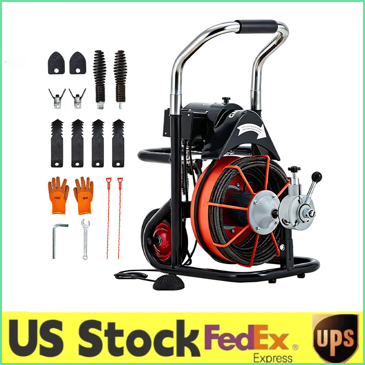 100FT x 3/4 Inch 750 W Auto Feed Sewer Snake Drain Cleaner Machine W/10 Cutters
