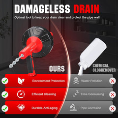 Drain Auger 33 Ft with Easy Cable Rewind System, Plumbing Snake with Drill Adapt