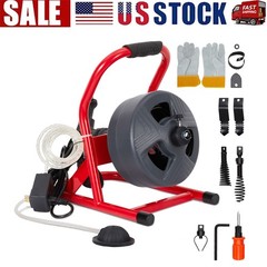 50ft X 5/16 Inch Drain Cleaner Machine, Foot Switch With 6 Cutters, Gloves, New