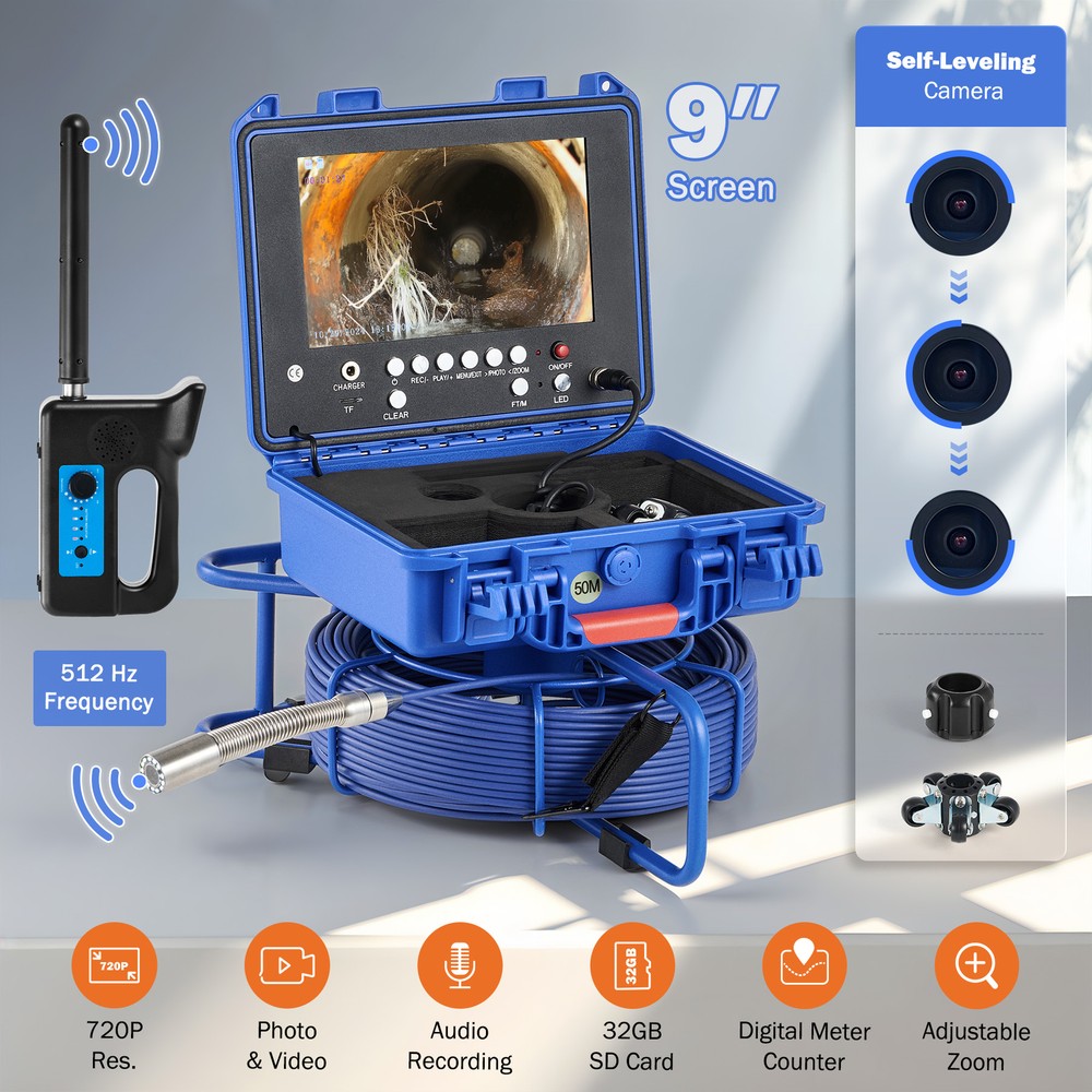 9&Prime; Sewer Camera 164ft/50m Self-Leveling Drain Camera w Locator 512Hz Transmitter