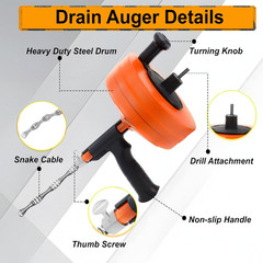 Drain Auger 50FT, Drain Snake with Drill Adapter, Plumbing Snake Clog Remover Us