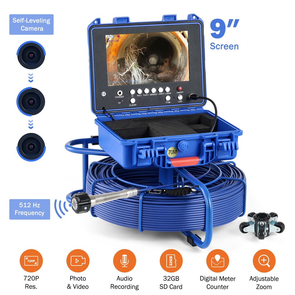 9&Prime; Self-Leveling Sewer Camera 70m/230ft Pipe Inspection Camera w 512Hz 720P 32GB