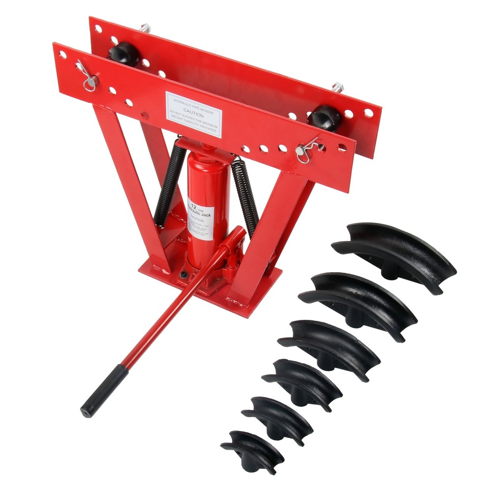 Red Steel 12 Ton Adjustable Roller Manual Hydraulic Pipe Bender w/ 6 Dies Size