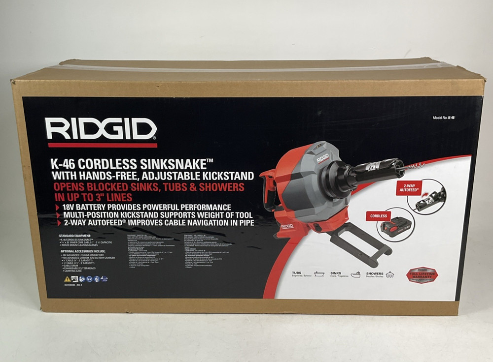 NEW Ridgid K-46 Cordless Sinksnake Kit With 18V Lithium Ion Battery And Charger