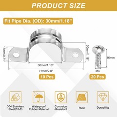 10Pcs 30mm(1-3/16&Prime;) 304 Stainless Steel Rigid Pipe Strap with Screws, Silver