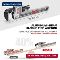HAUTMEC 14 Inch Aluminum Straight Pipe Wrench, Adjustable Plumbing Wrench, 2&Prime; Ja