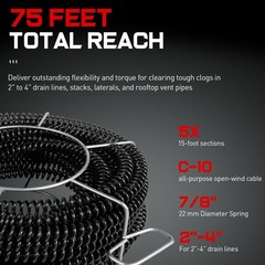 61630 A-62 Drain Cleaning Cable Kit, 7/8in x 75 Ft (5 Sections of 15ft) C-10 &hellip;
