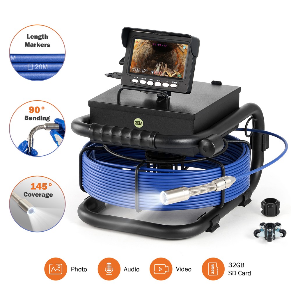 98FT/30M Sewer Pipe Inspection Camera 23MM Drain Pipeline Endoscope 4.3&Prime; Monitor