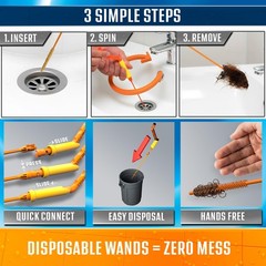 FlexiSnake Drain Weasel Sink Snake Handle + 5 Refill Wands, Orange/Yellow
