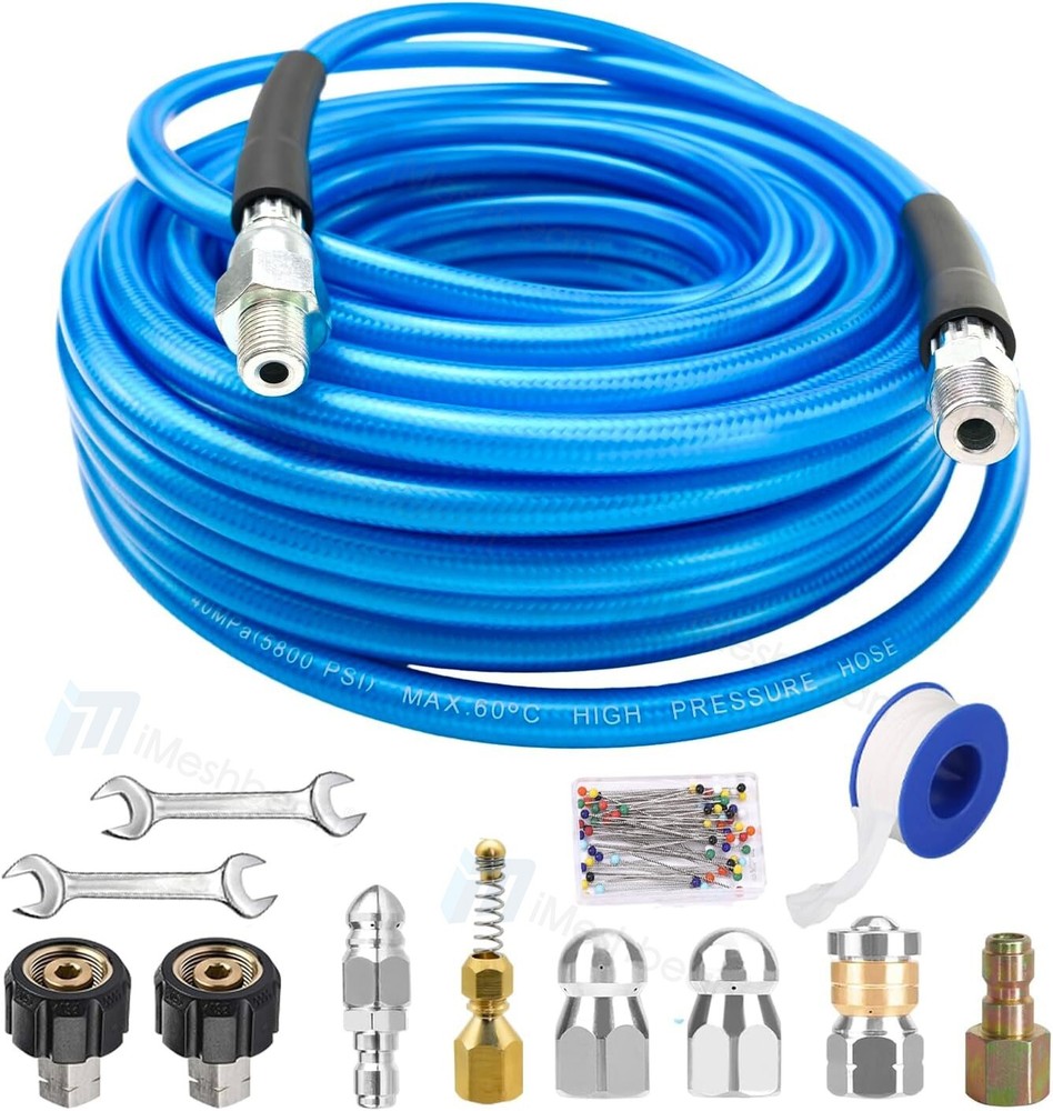 200FT 1/4&Prime;M-NPT Drain Cleaning Hose Sewer Jetter Nozzles Kit For Pressure Washer