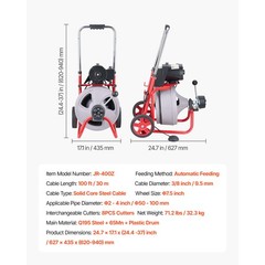 VEVOR Drain Cleaner Machine 100FT x 3/8 Inch Auto Feed with Wheels & 8 Cutters