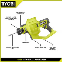 ONE+ 18V Cordless Drain Auger with 25 Ft Cable, LED Light, Auto Feed/Retract, Ca