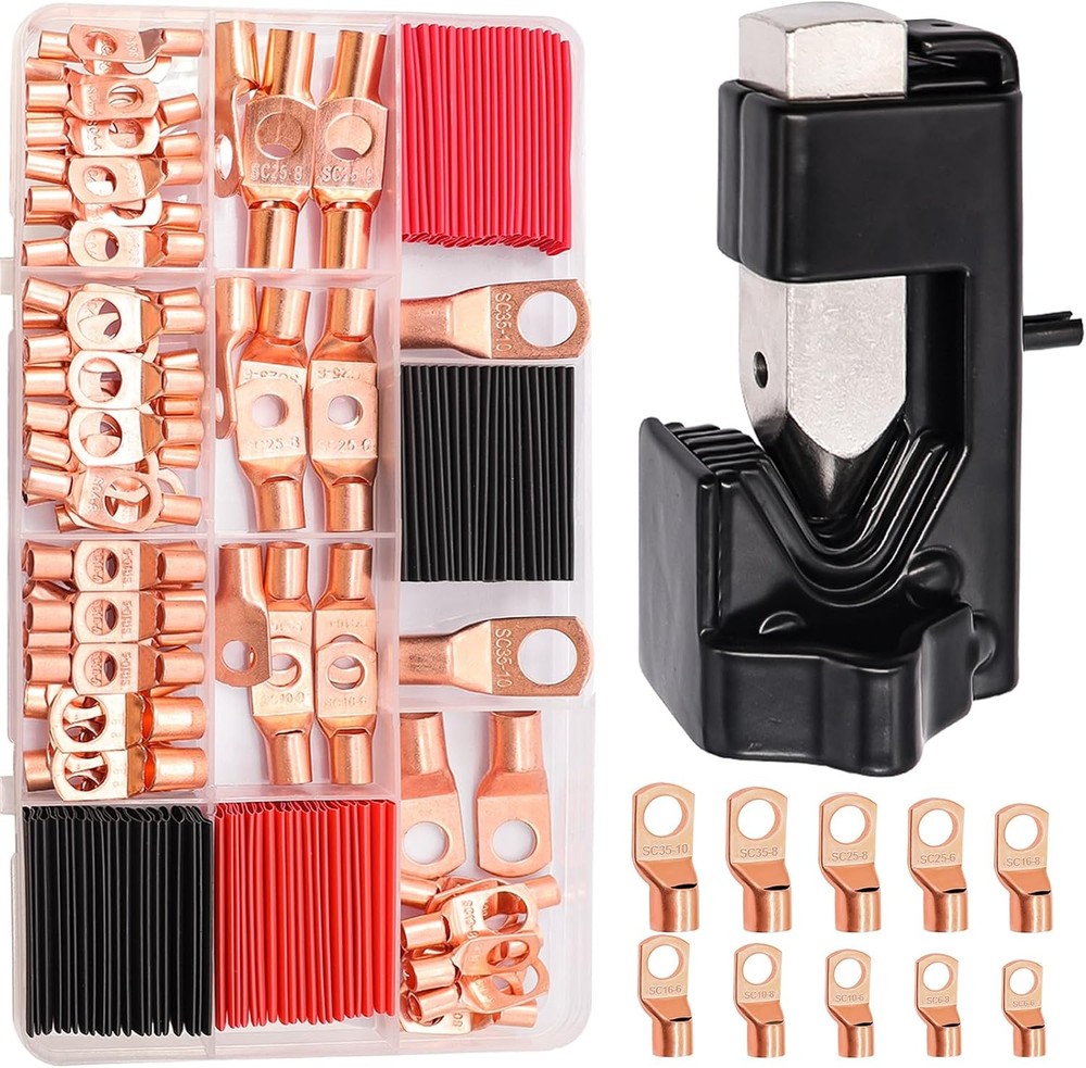 160PCS Battery Cable Ends with Hammer Lug Crimper Tool,AWG 2/4/6/8/10/12 Gauge c