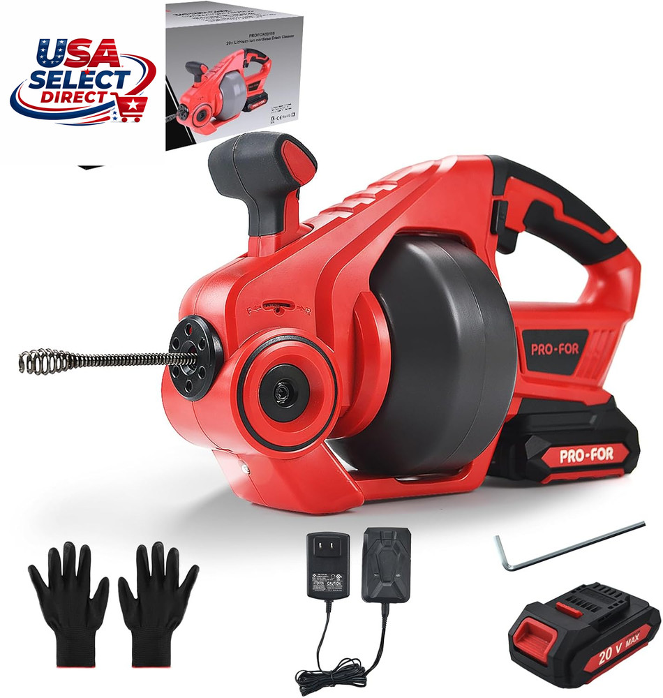 20V Cordless Electric Drain Auger, 25FT Auto-Feed Snake, LED Light