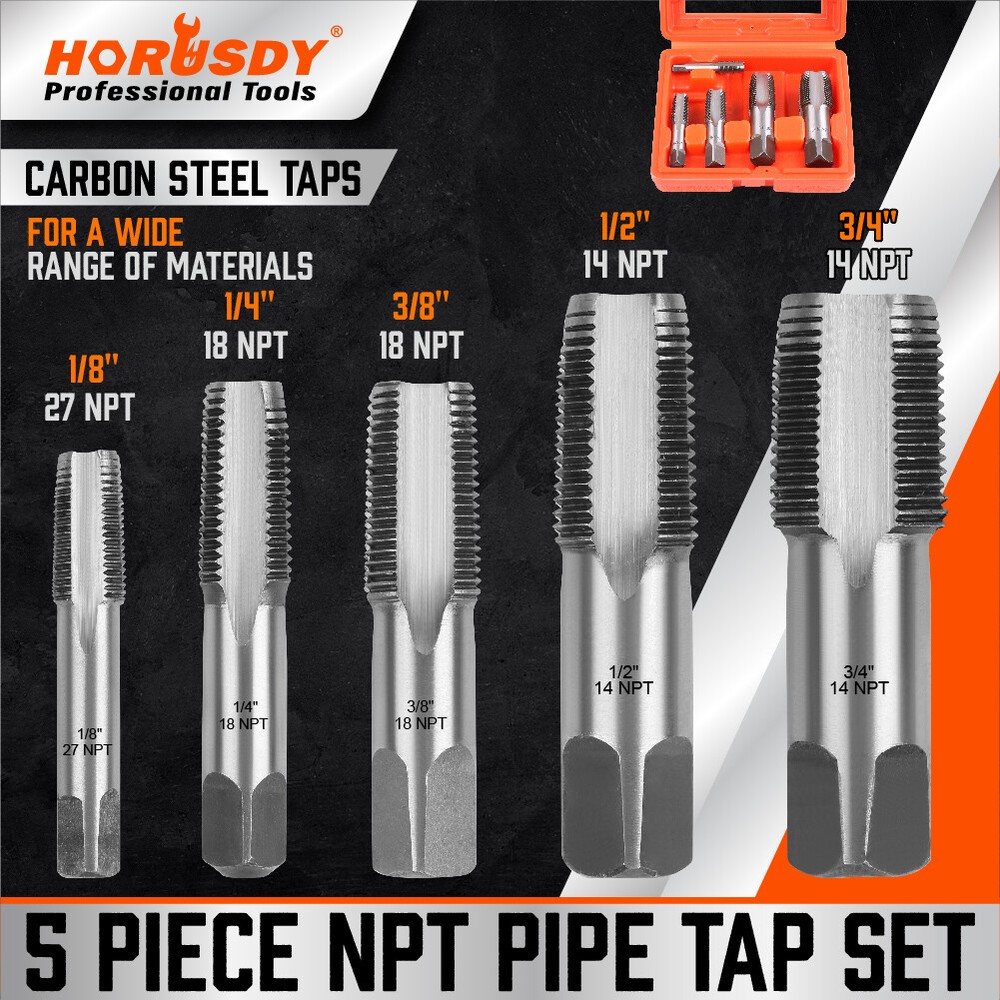 5 Pcs NPT Pipe Tap Set 1/8&Prime; 1/4&Prime; 3/8&Prime; 1/2&Prime; and 3/4&Prime; With Case Carbon Steel Inch