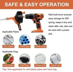 25Ft Drain Auger, Clog Remover with Drill Adapter